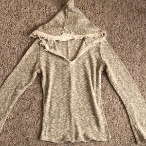 Cotton Knit Hoodie Beige - Lace Trim Long Sleeve S